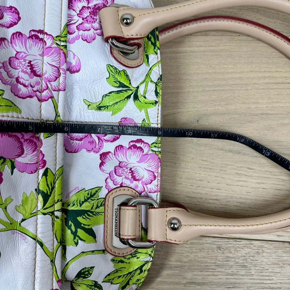 Tignanello Satchel Handbag White Pink Green Floral Leather Cottagecore Y2K Purse